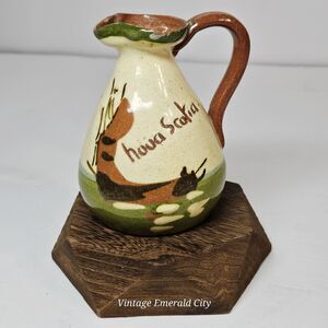 Torquay Devon Motto Creamer Mini Pitcher &  Wooden Stand Set Red Pottery England